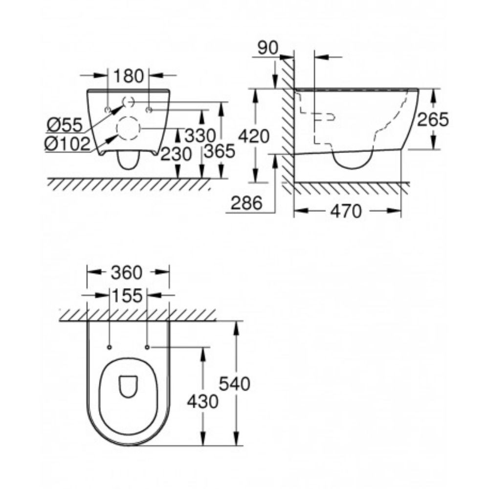 3957100H       Cuvette WC suspendue GROHE Essence sans bride     schéma côte