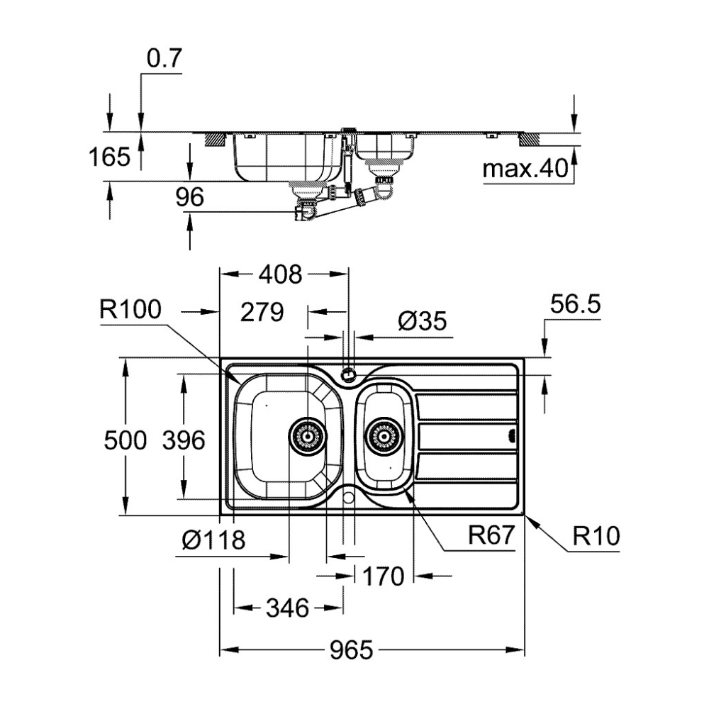 31564SD1 schéma technique de l'Evier 1 cuve et demie avec égouttoir réversible en acier inoxydable K200 GROHE