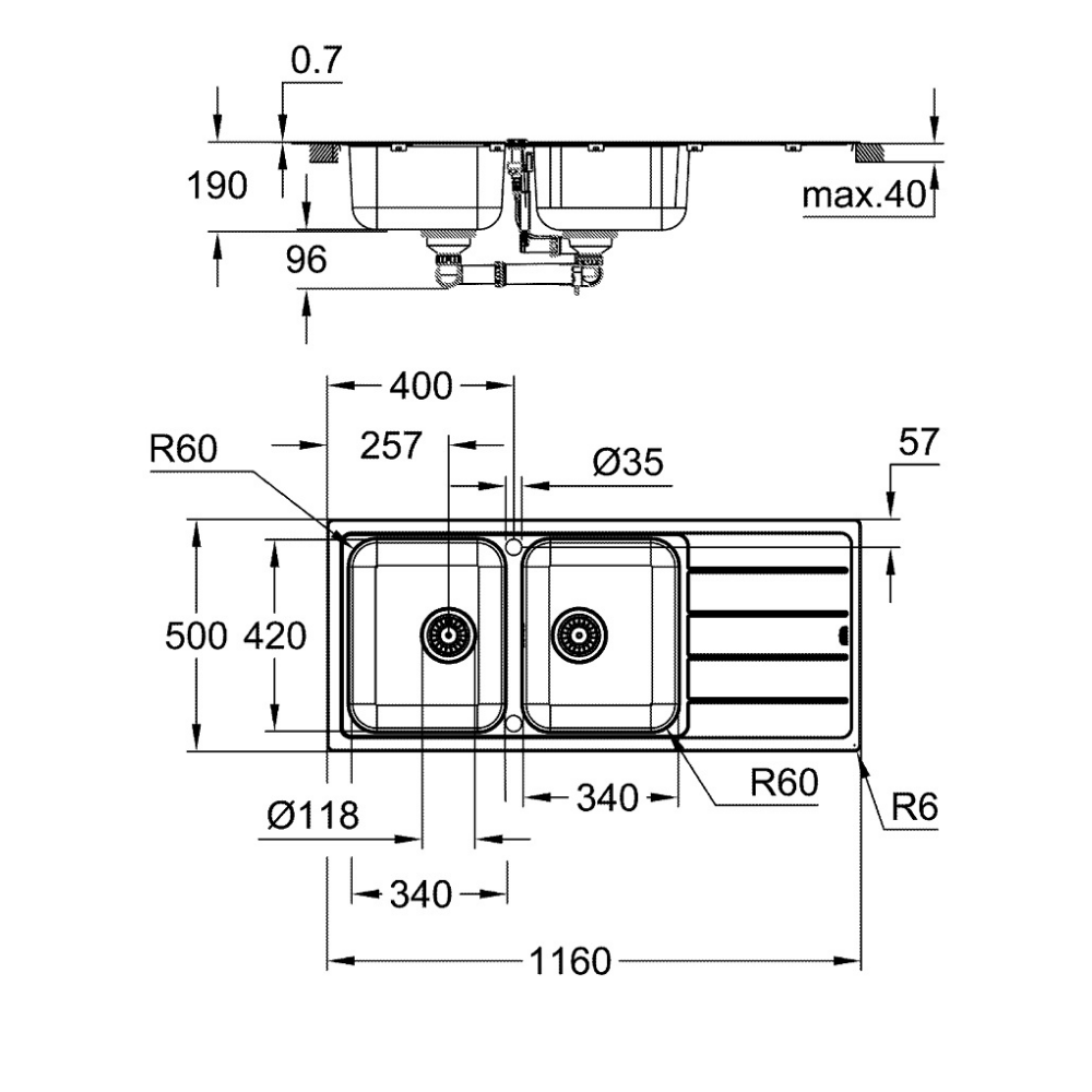 31588SD1 dessin technique de l'Evier 2 cuves avec égouttoir réversible en acier inoxydable K500 GROHE