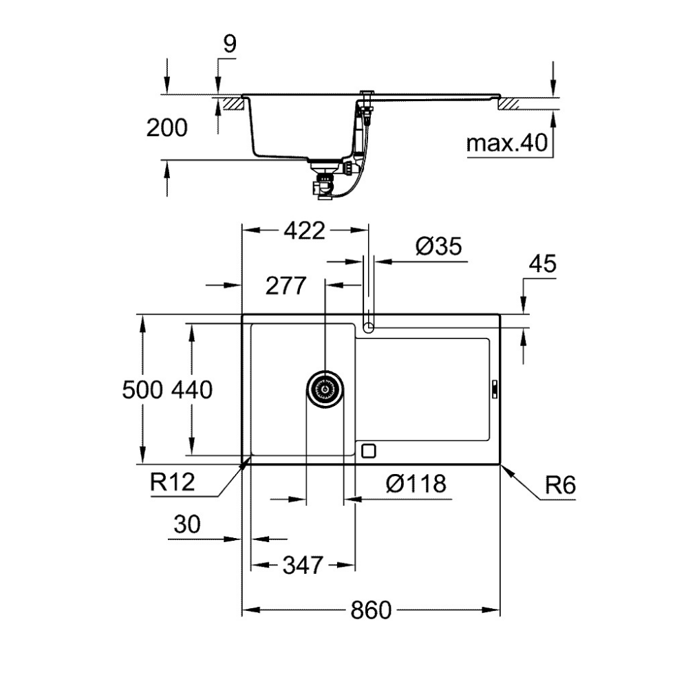31644AT0 dessin technique de l'évier 1 cuve composite avec égouttoir K500 Gris granite GROHE