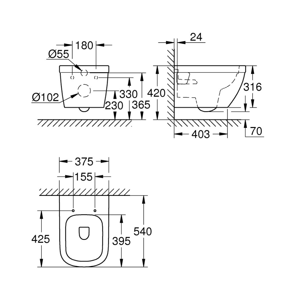 39538000 schéma technique Cuvette suspendue Euro Ceramic GROHE
