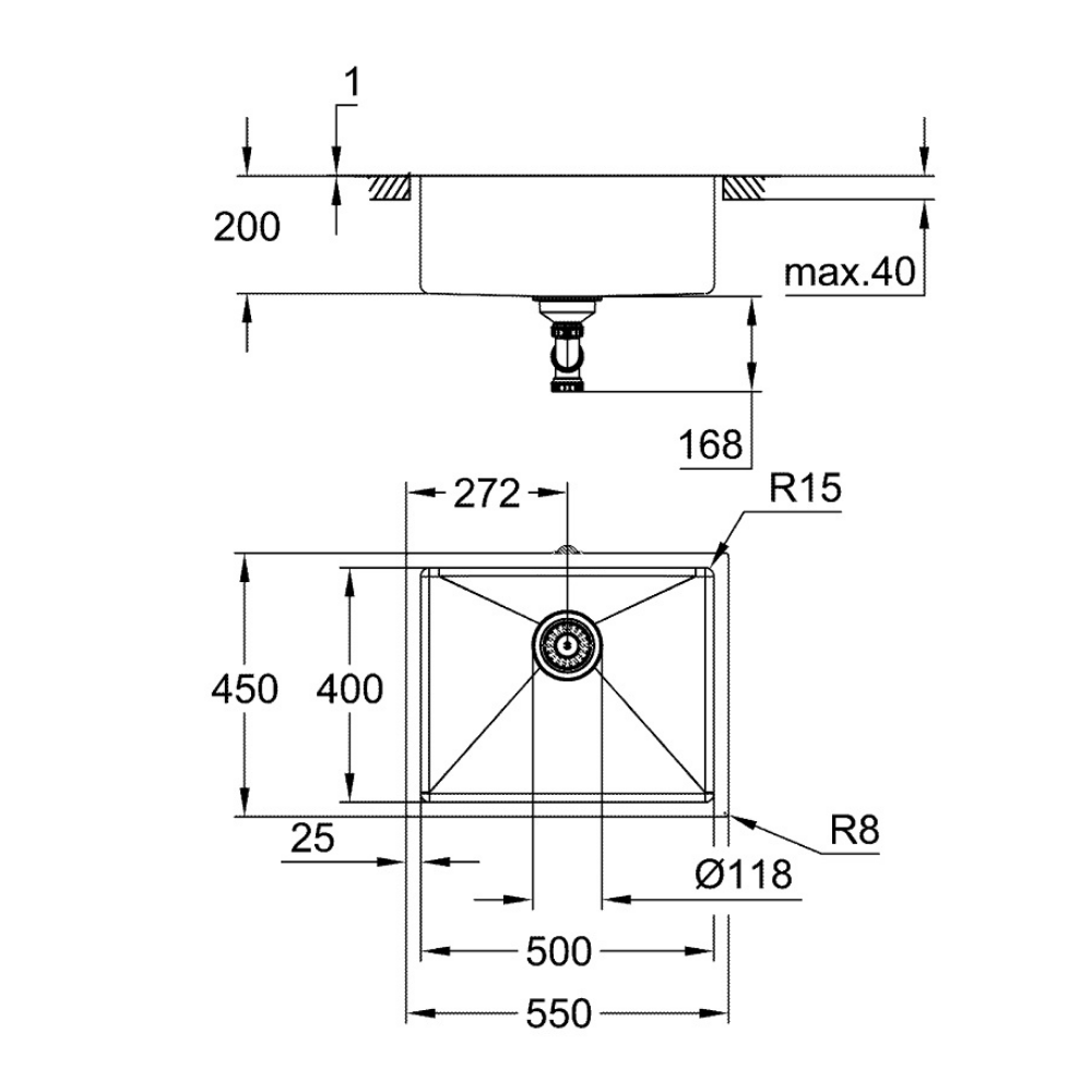 31574SD1 schéma technique de l'Evier 1 cuve en acier inoxydable K700U GROHE
