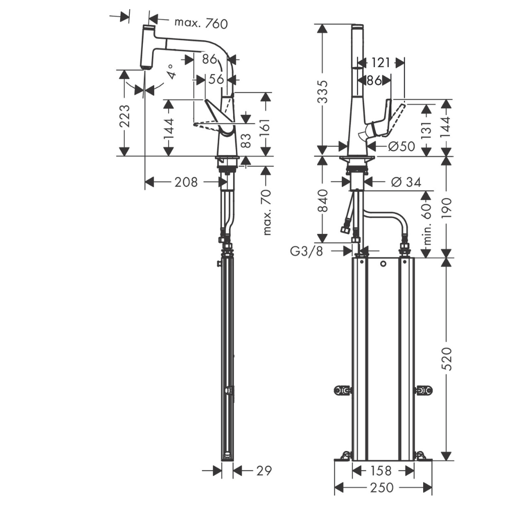 73852000 schéma technique du Hansgrohe Mitigeur cuisine Talis Select M51 220 douchette extractible sBox chromé