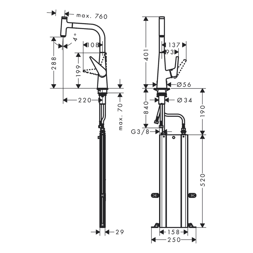73853000 schéma technique du Mitigeur cuisine HANSGROHE Talis Select M51 300 douchette extractible sBox chromé