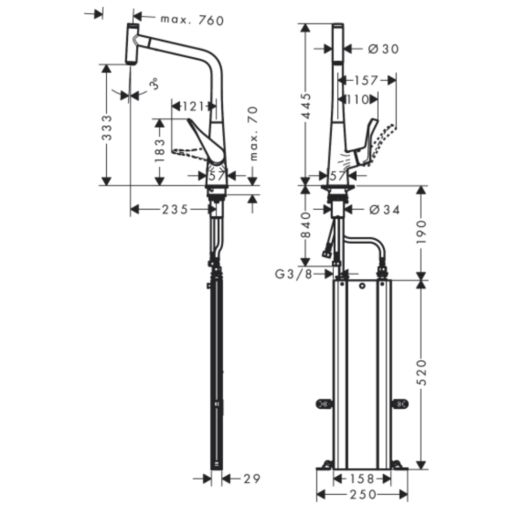 schéma du Mitigeur cuisine HANSGROHE Metris Select M71 320 douchette extractible sBox chromé 