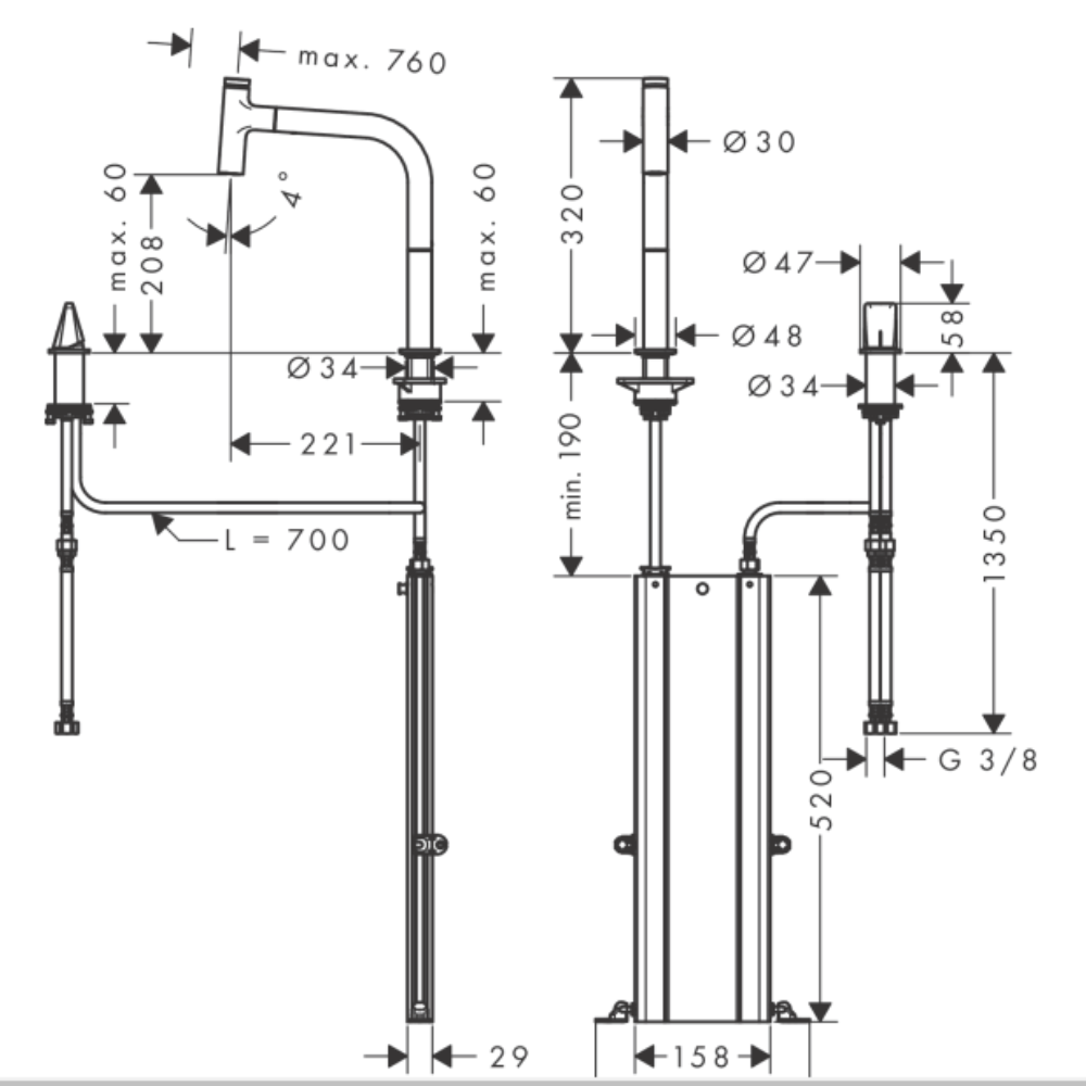 schéma du Mitigeur cuisine HANSGROHE Metris Select M71 200 2 trous