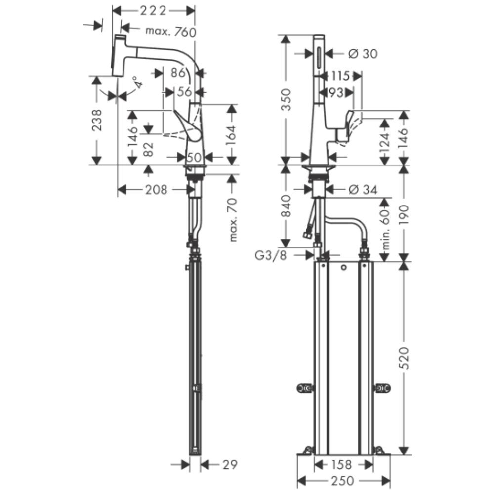 schéma Mitigeur cuisine HANSGROHE Metris Select M71 240 douchette extractible 2 jets sBox aspect acier inox