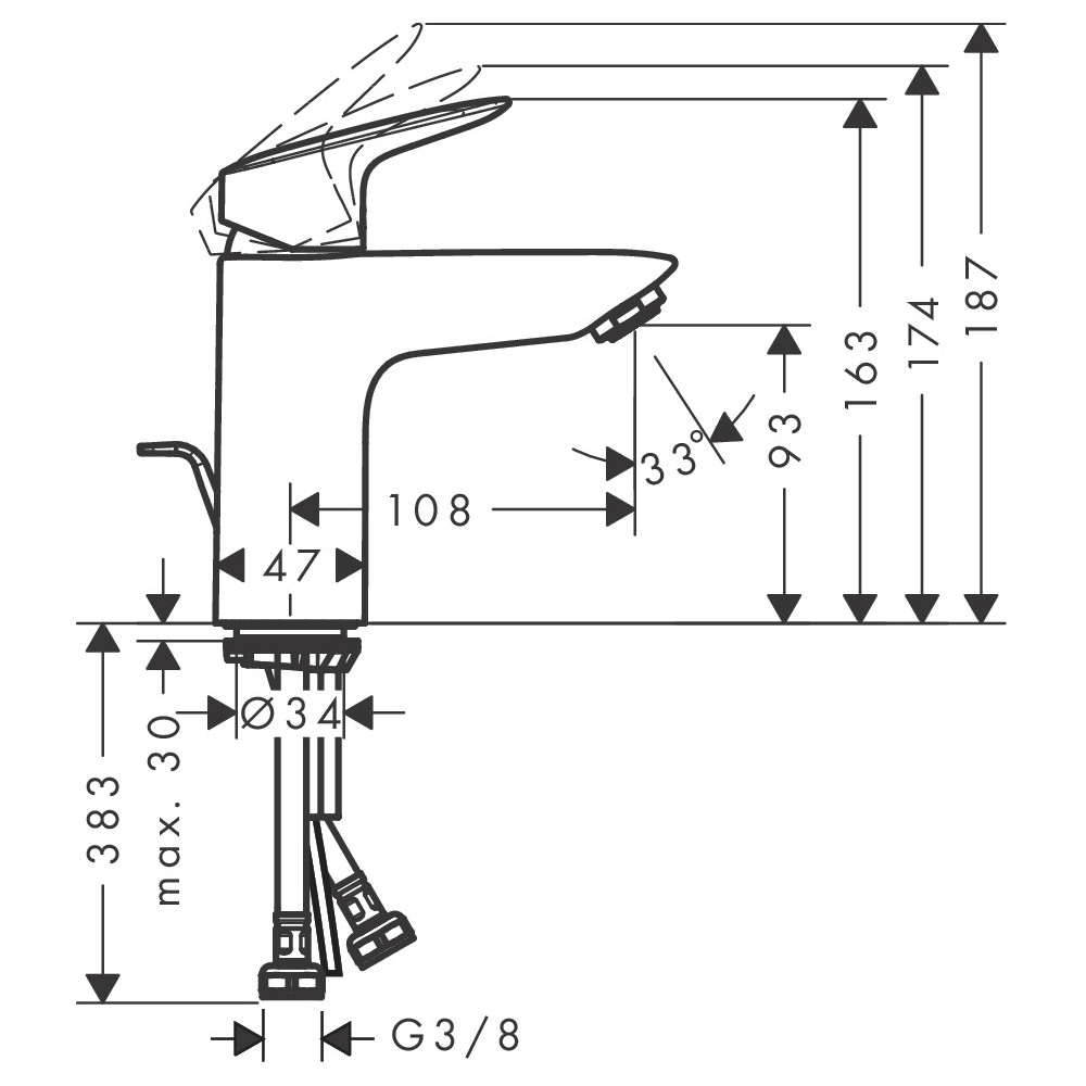 Mitigeur lavabo HANSGROHE Logis 100 Eco C3 avec tirette et vidage synthétique chromé  71105000 | Batinea