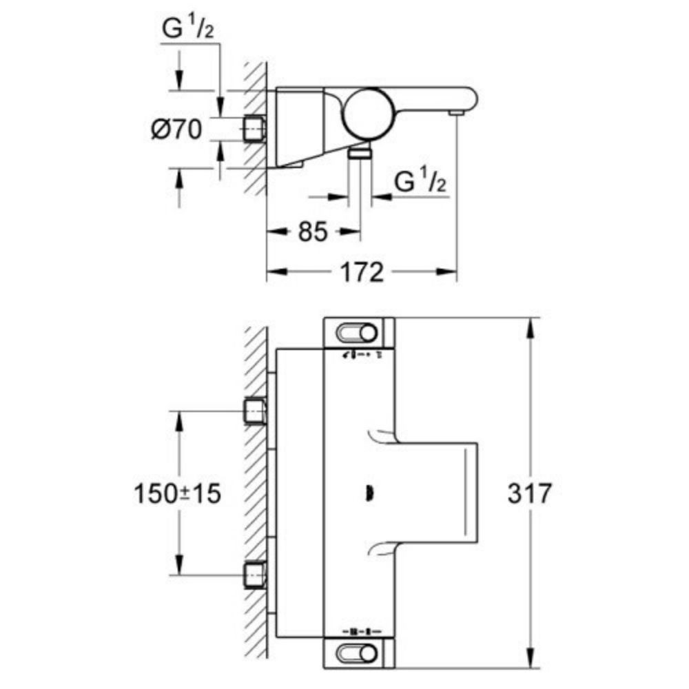 Dimensions robinet bain thermostatique avec tablette Grohtherm 2000 - GROHE - Batinea - OGS Distribution