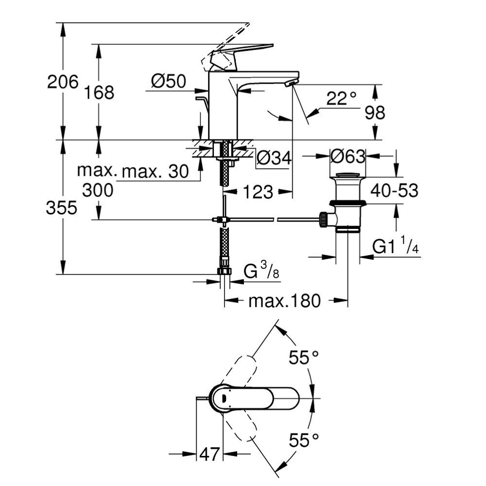 dessin technique pour Robinet lavabo Grohe Eurosmart Cosmopolitan - Taille M