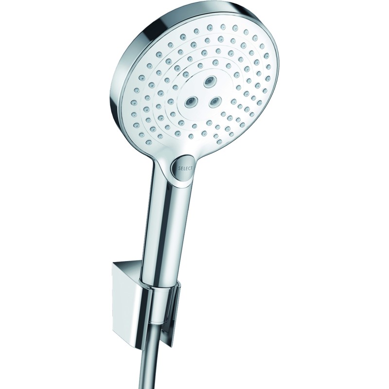 Ensemble support mural et douchette 120 3jet avec flexible de douche 160 cm blanc/chromé Hansgrohe Raindance Select S 26721400 |