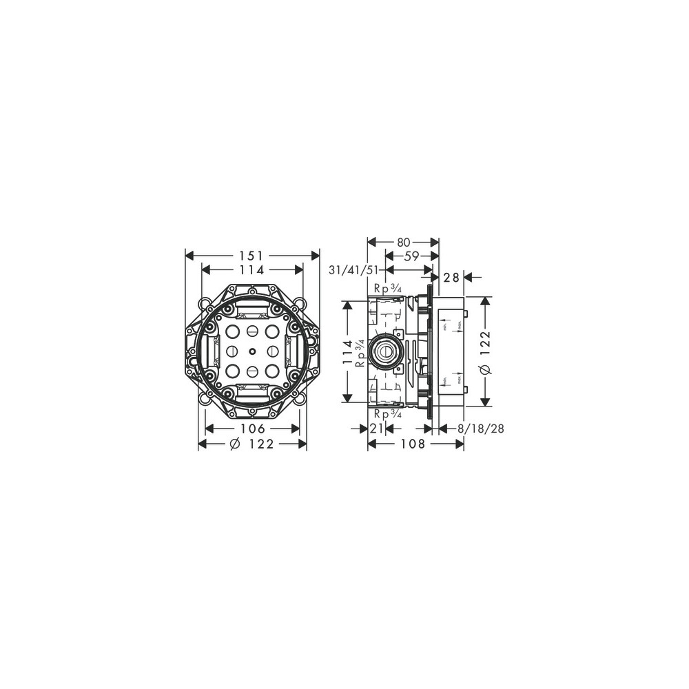 Facade pour mitigeur  thermostatique encastré Ecostat S haut débit chromé Hansgrohe avec corps encastré Ibox 15756000_01800180 |