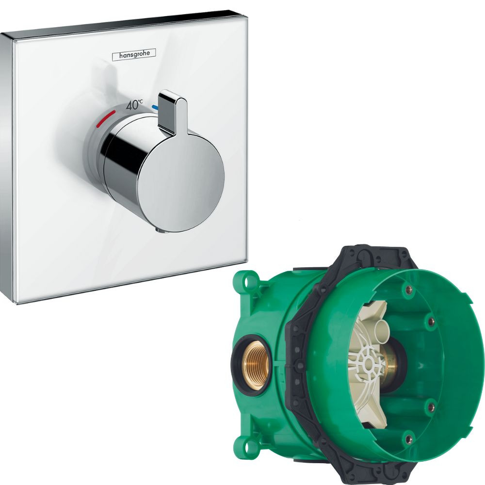 Facade en verre pour mitigeur thermostatique encastré ShowerSelect Glass haut débit blanc/chromé Hansgrohe avec corps encastré I