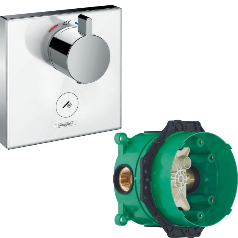 Facade en verre pour mitigeur thermostatique encastré ShowerSelect Glass haut débit avec une sortie permanente et un robinet  d’