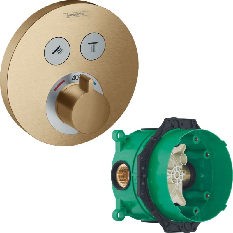 Facade pour mitigeur thermostatique encastré ShowerSelect S avec 2 fonctions bronze brossé Hansgrohe avec corps encastré Ibox 15