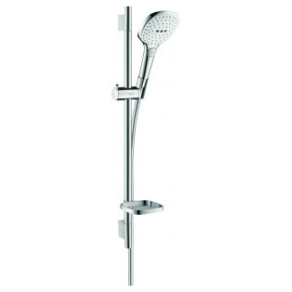 Set de douche 120 3jet EcoSmart 9 l/min avec barre Unica'S puro 65 cm et porte-savon blanc/chromé Hansgrohe Raindance Select E 2
