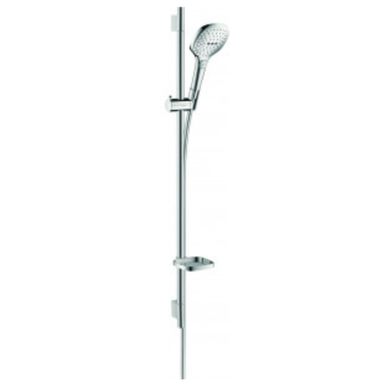 Set de douche 120 3jet avec barre Unica'S puro 90 cm et porte-savon blanc/chromé Hansgrohe Raindance Select E 26621400 |Batinea