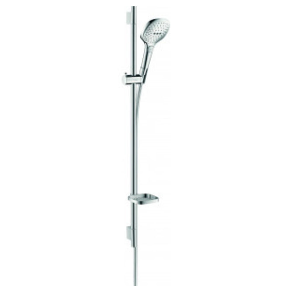 Set de douche 120 3jet EcoSmart 9 l/min avec barre Unica'S puro 90 cm et porte-savon chromé Hansgrohe Raindance Select E 2662300