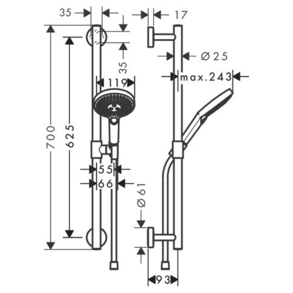 Set de douche 120 3jet avec barre Unica'Comfort 65 cm chromé Hansgrohe Raindance Select S 26320000 |Batinea