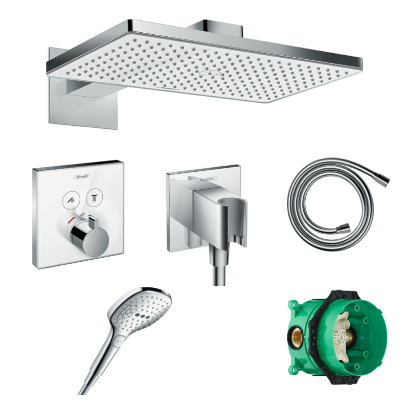 Douche de tête + Facade Mtg encastré 2 fx + cp encast universel Ibox + Douchette 3 jets + Flexible de douche + Coude de raccord
