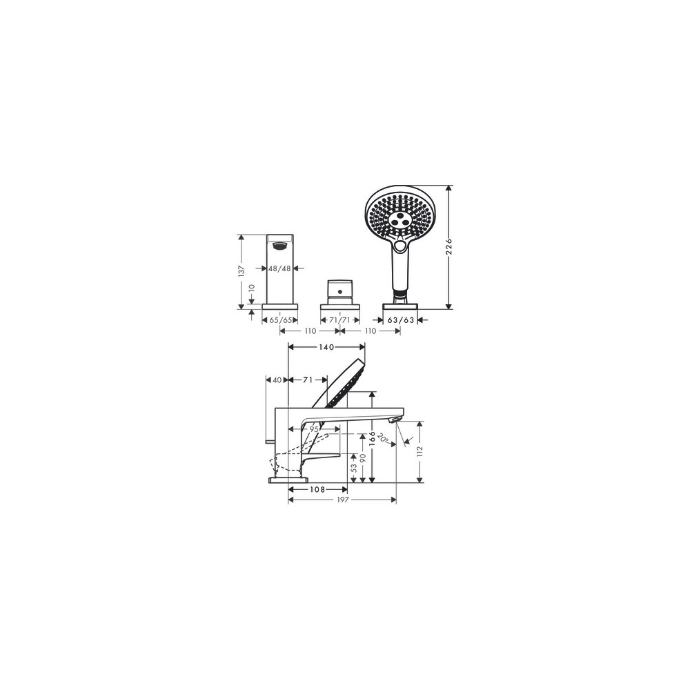 Set de finition mitigeur 3 trous pour montage sur bord de baignoire sans Secuflex, poignée manette chromé Hansgrohe 32551000 | B