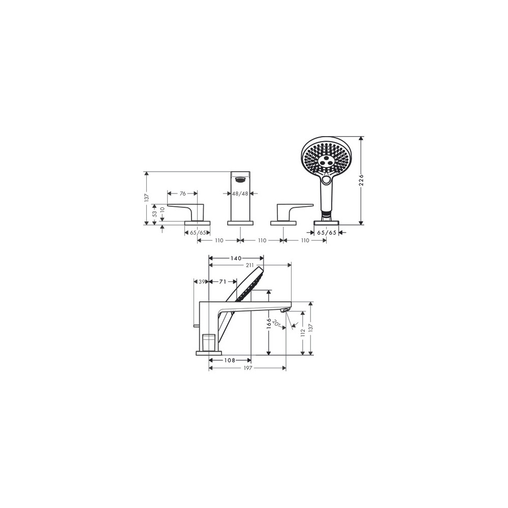 Set de finition Mélangeur 4 trous pour montage sur bord de baignoire sans Secuflex, poignée étrier chromé Hansgrohe 74553000 | B