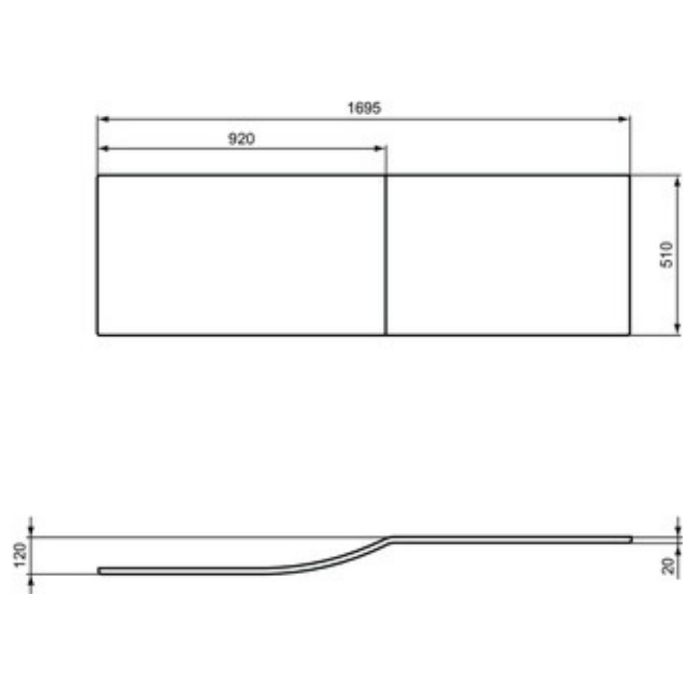 E108401 schéma technique tablier frontal 170 cm Ideal standard asymétrique Connect Air blanc