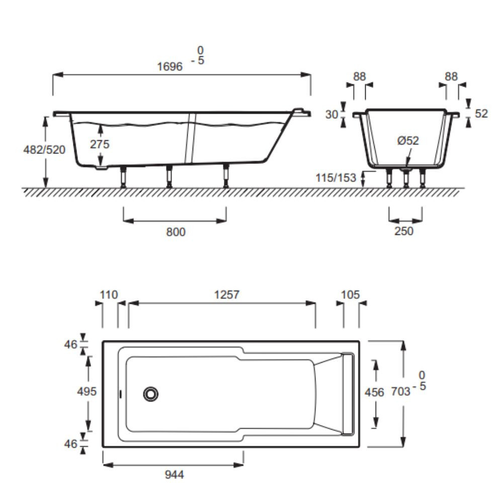 Baignoire bain douche 170 X 70 