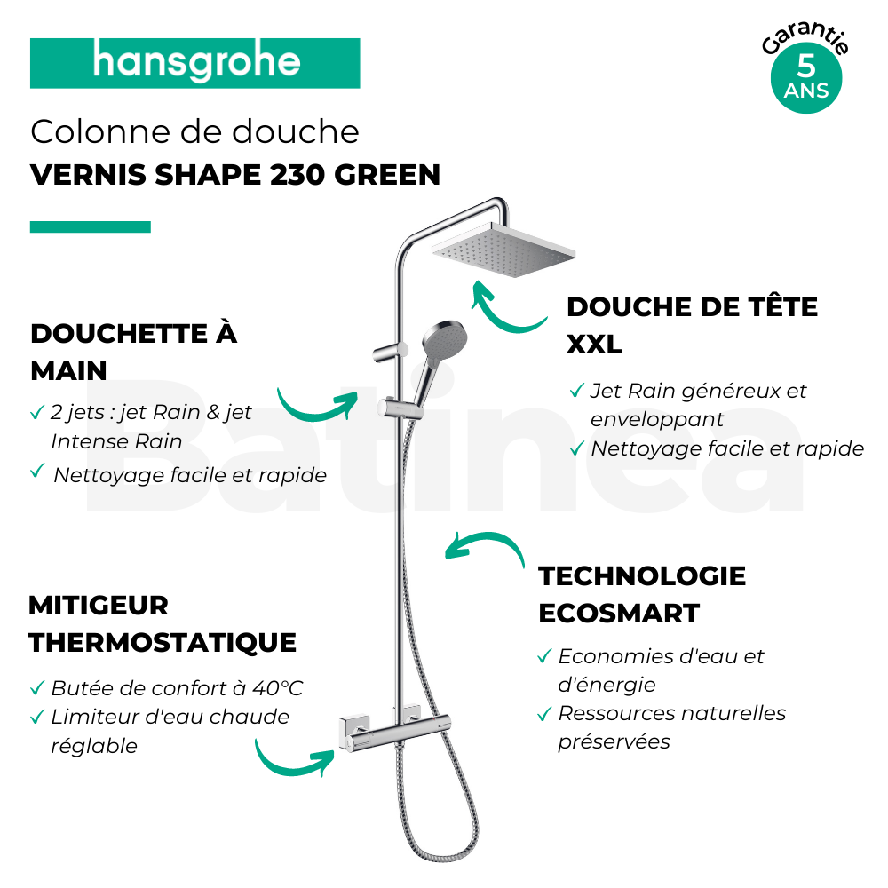 Colonne de douche double sortie simultanée HANSGROHE Vernis Shape 230 EcoSmart chromé | Batinea