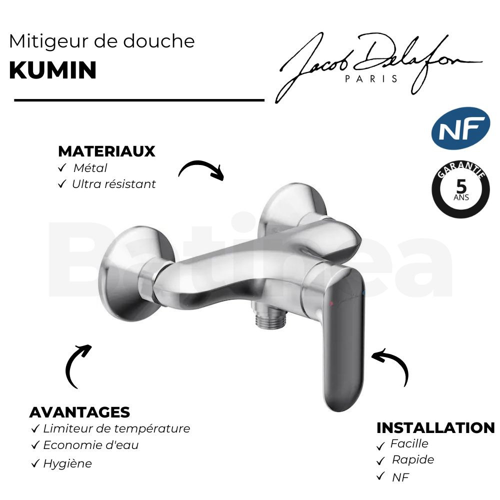 point fort Mitigeur douche JACOB DELAFON Kumin, mécanique et mural, Chrome