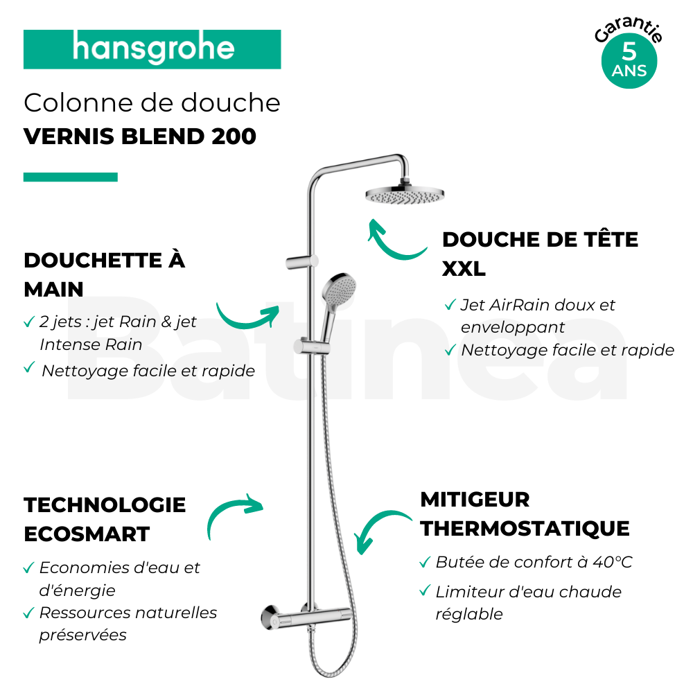 Colonne de douche thermostatique HANSGROHE Vernis Blend 200 EcoSmart chromé | Batinea