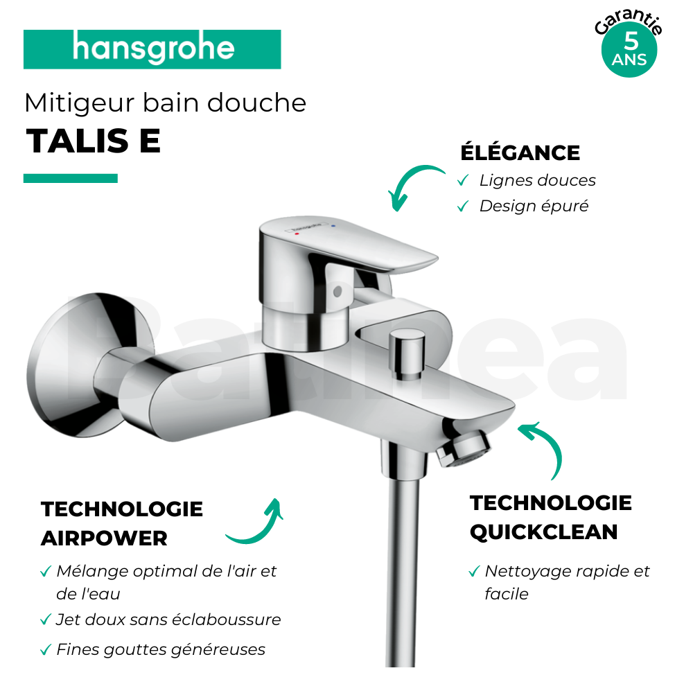 Mitigeur bain douche monocommande HANSGROHE Talis E chromé points forts