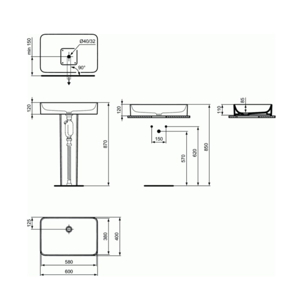 schéma Lavabo double vasque à poser IDEAL STANDARD Conca, Design figuratif 