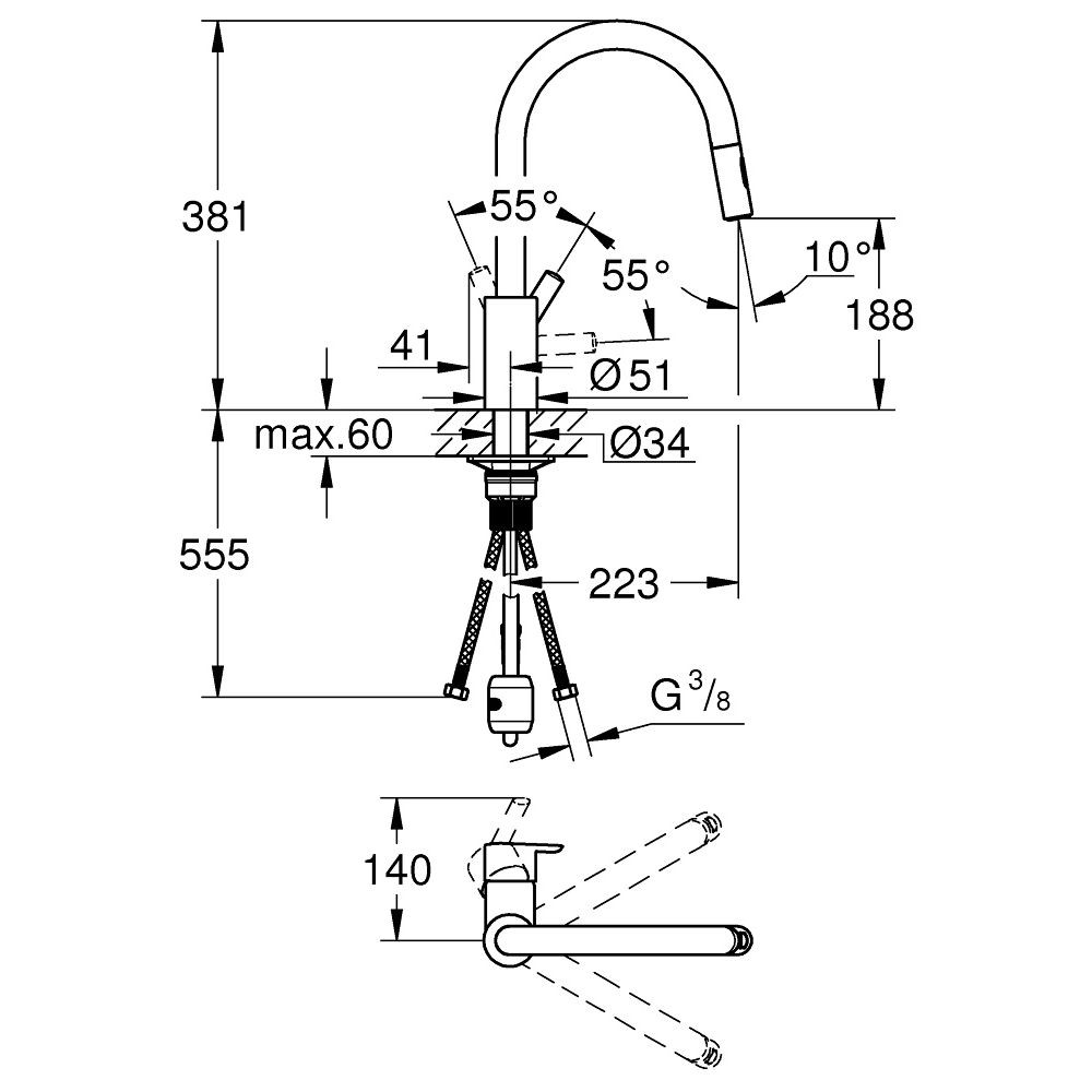 schéma Robinet de cuisine avec douchette GROHE Feel chromé