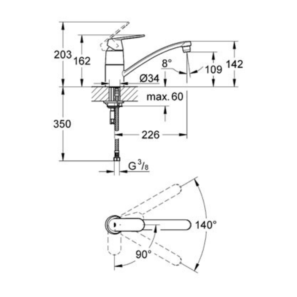 Mitigeur evier Grohe Eurosmart Cosmopolitan schéma technique