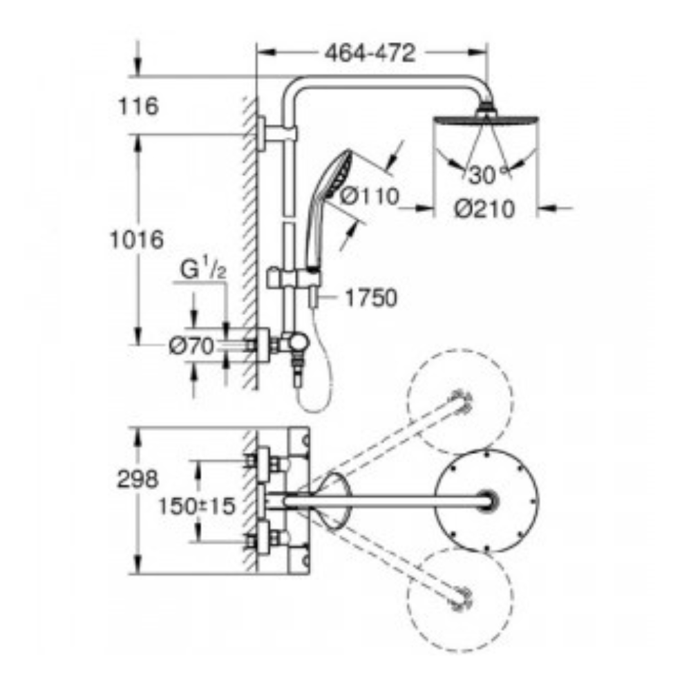 Colonne douche GROHE Euphoria System 210 schéma technique