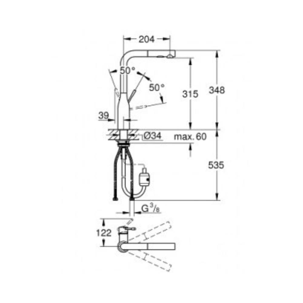 Robinet evier avec bec douchette Taille L Grohe Essence schéma technique