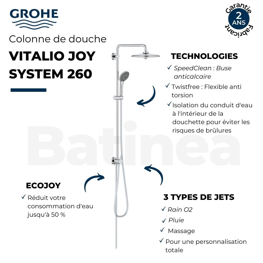 Points fort Colonne de douche GROHE Vitalio Joy 260 avec inverseur manuel