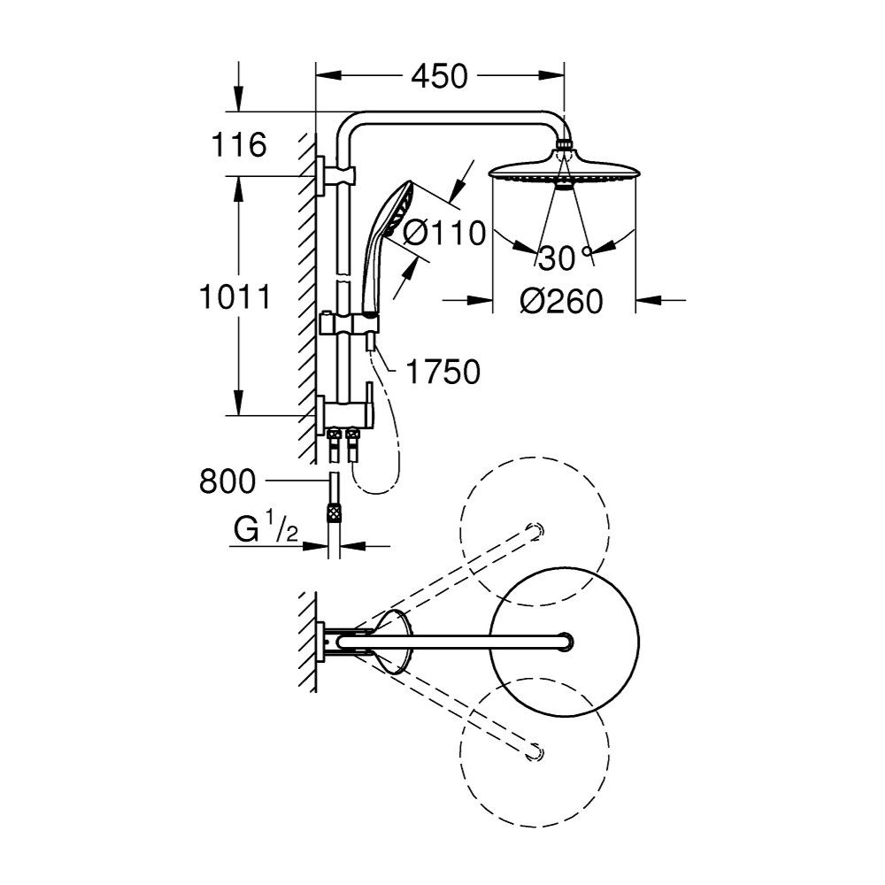 Schéma Colonne de douche GROHE Vitalio Joy 260 avec inverseur manuel