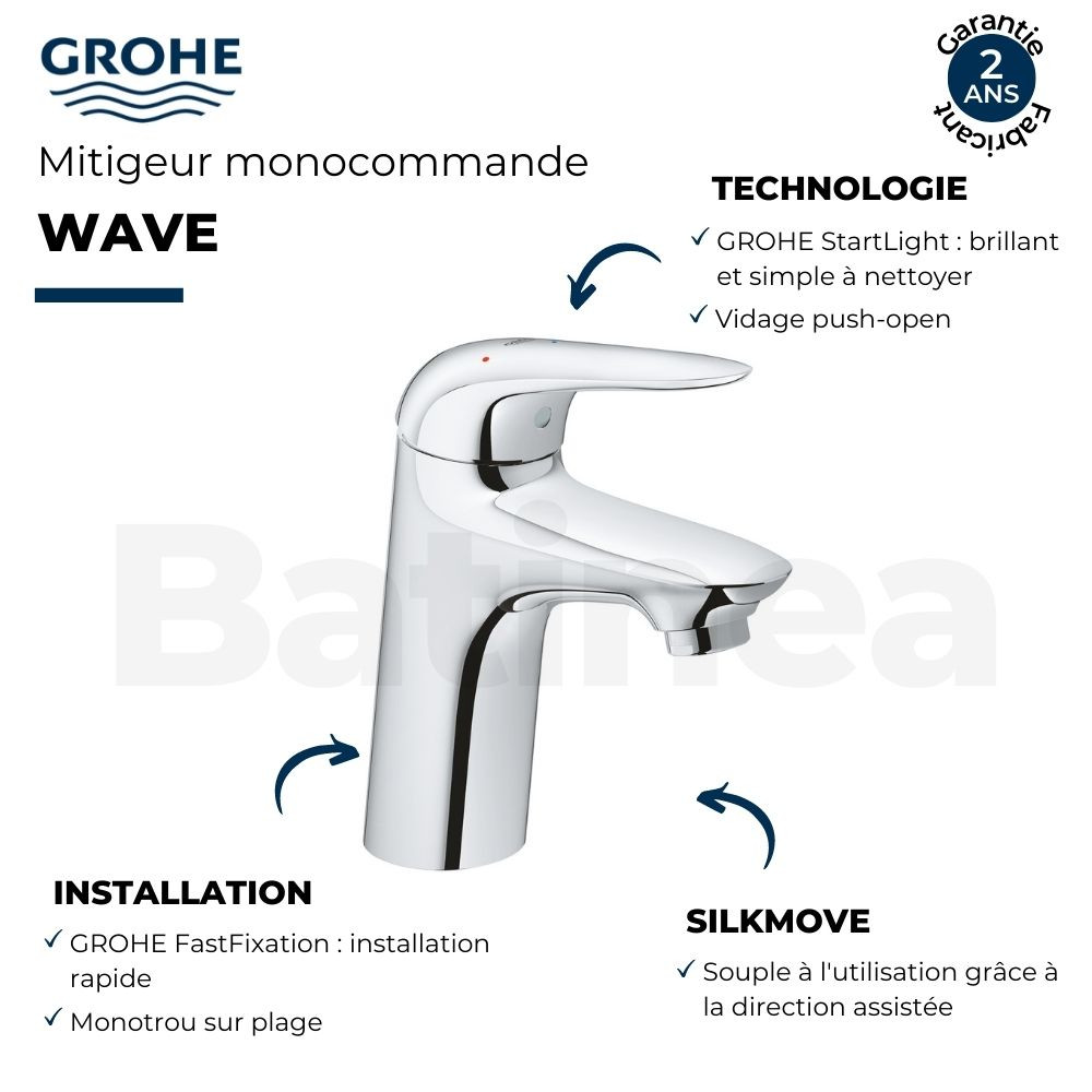 Points fort Mitigeur lavabo Wave Grohe taille S avec vidage Push-Open 