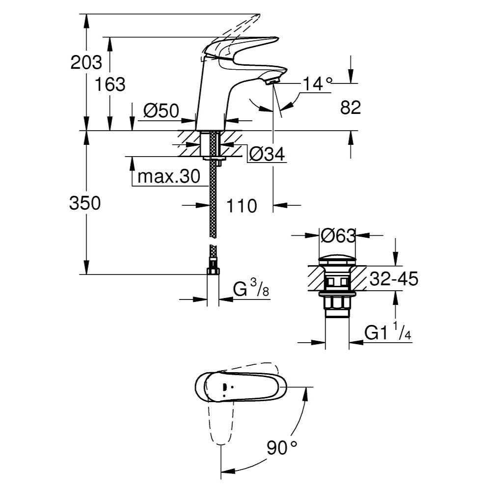 Schéma Mitigeur lavabo Wave Grohe taille S avec vidage Push-Open 