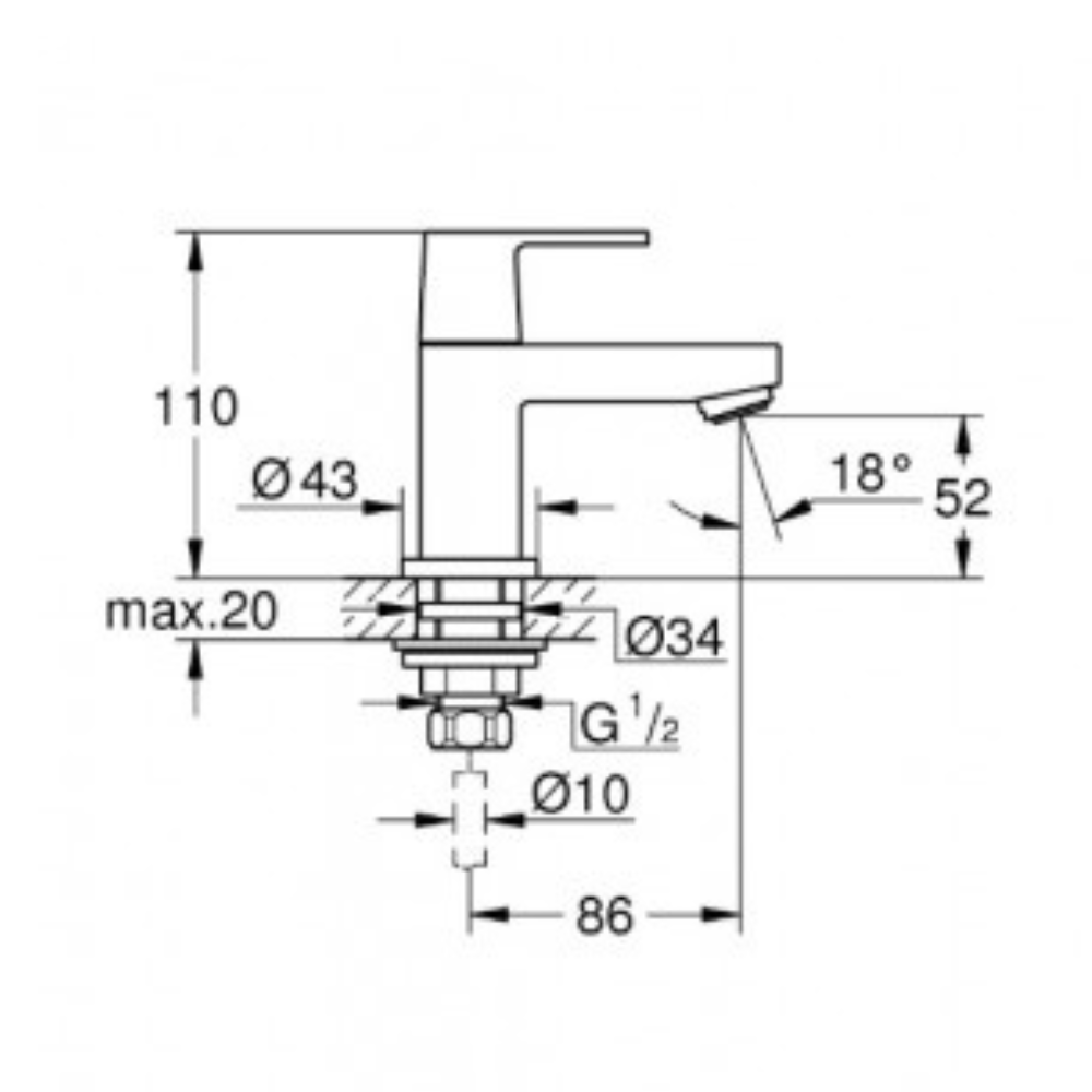 Robinet lave main eau froide Grohe Eurocube - Taille S schéma technique