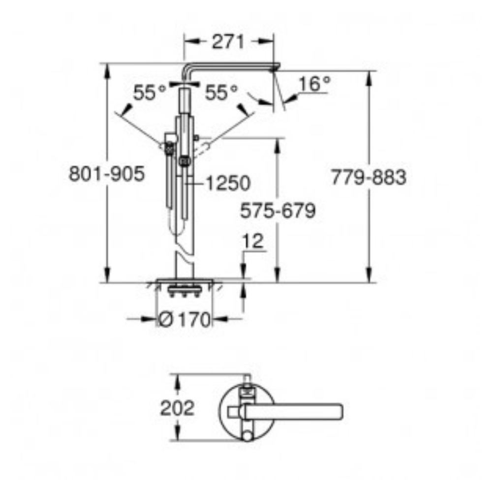 Robinet baignoire ilot Grohe Lineare et corps encastré schéma technique