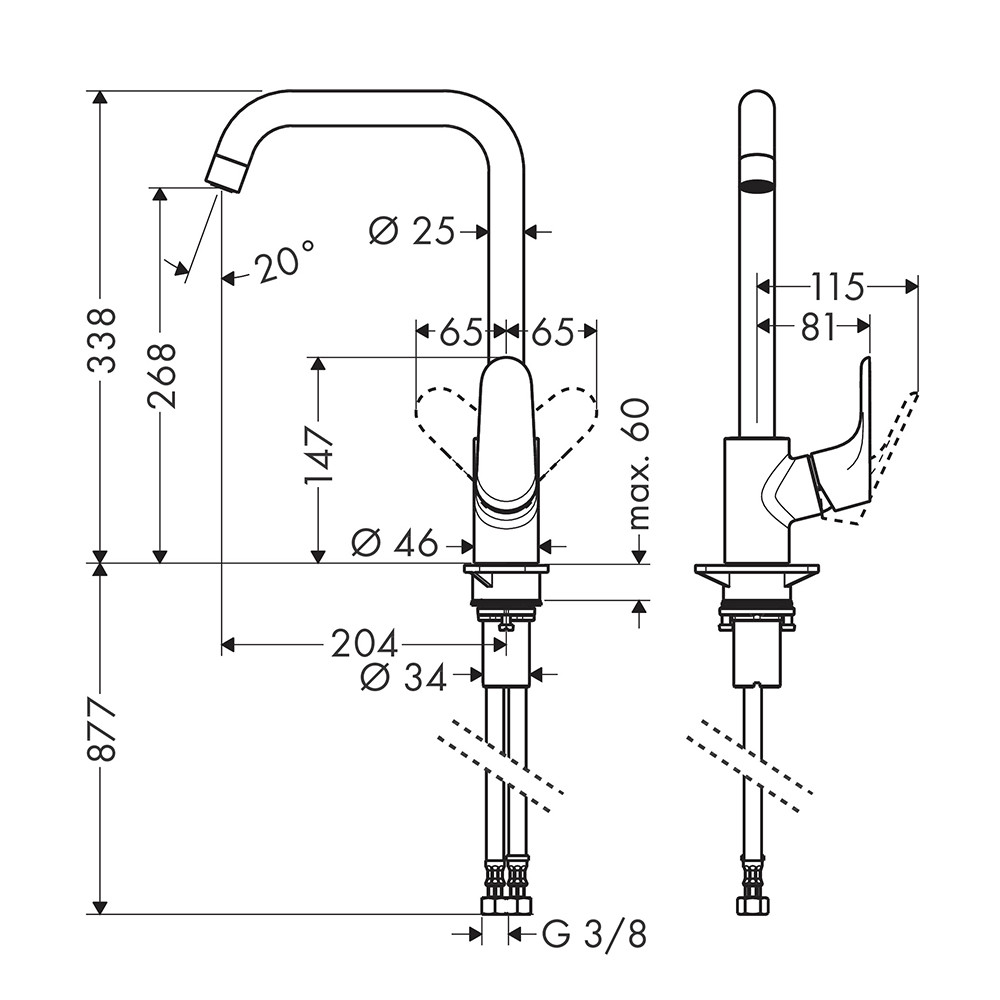 Mitigeur cuisine HANSGROHE Focus M41 260 aspect acier inox schéma technique