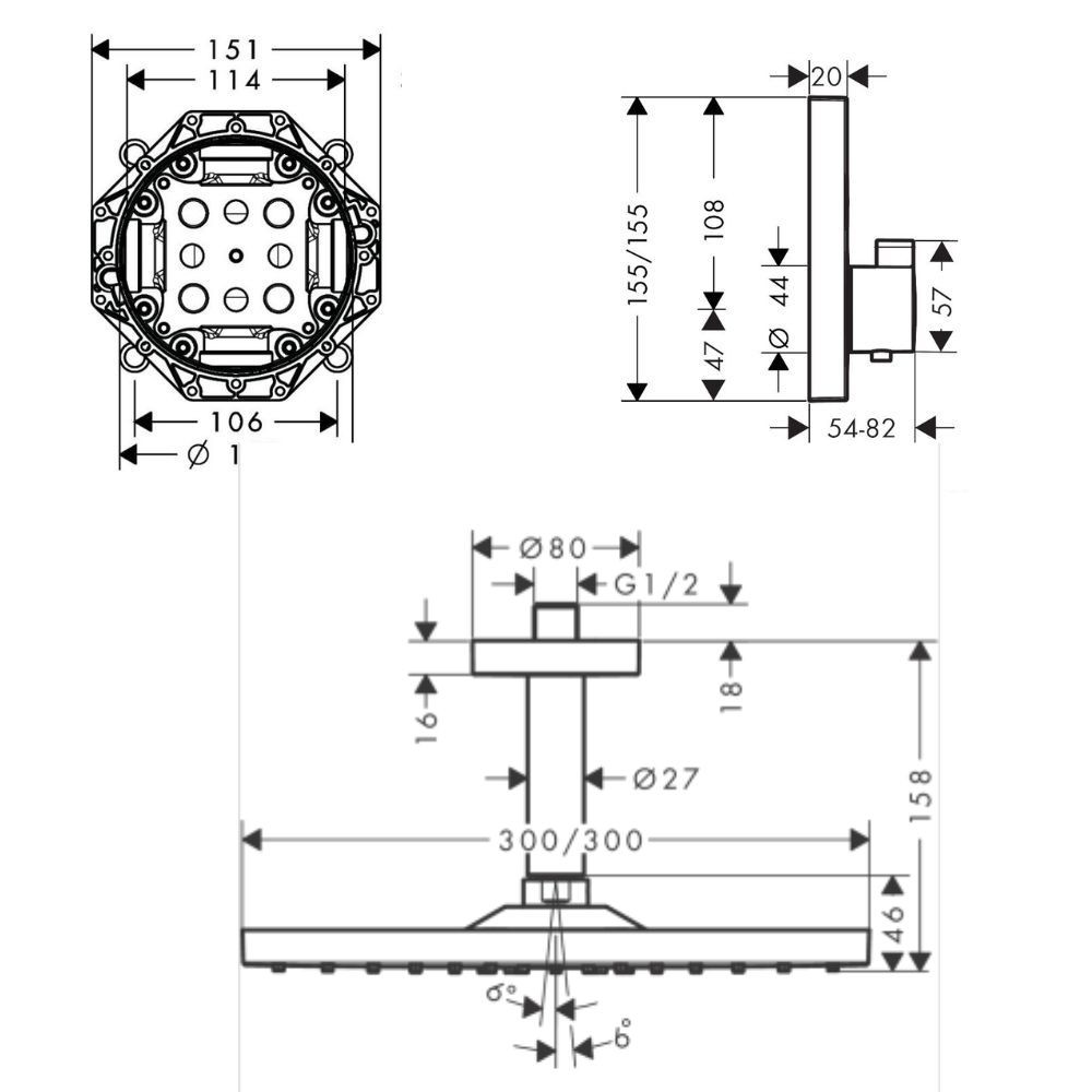 Corps encastré hansgrohe + Facade + Douche de tête + Coude de raccordement + Douchette + 