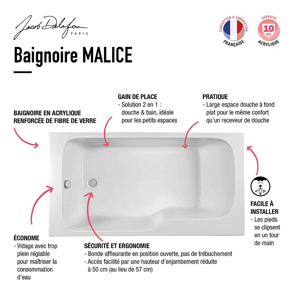 Baignoire bain douche 160 X 85 - version gauche JACOB DELAFON
