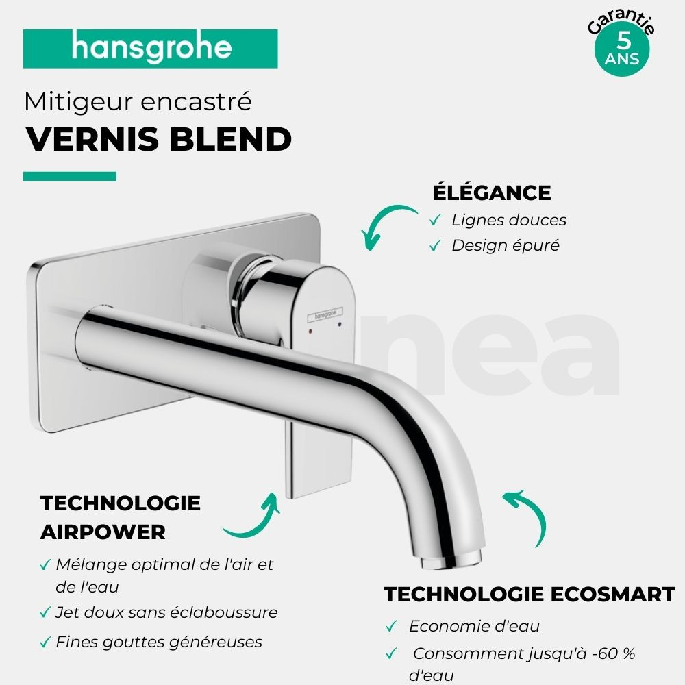 Mitigeur lavabo encastré mural HANSGROHE Vernis Shape, EcoSmart  schéma