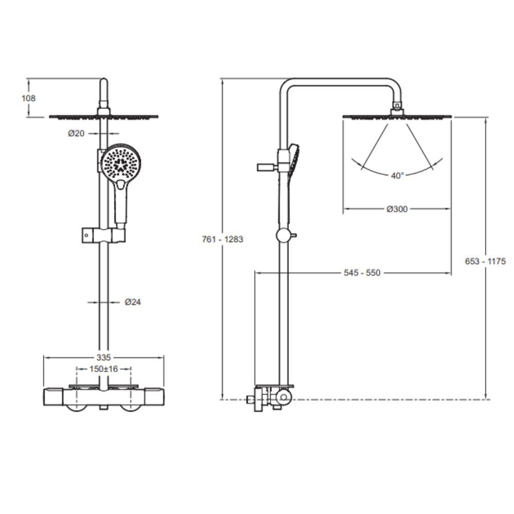 Colonne de douche thermostatique Jacob Delafon Metro noire mat schéma