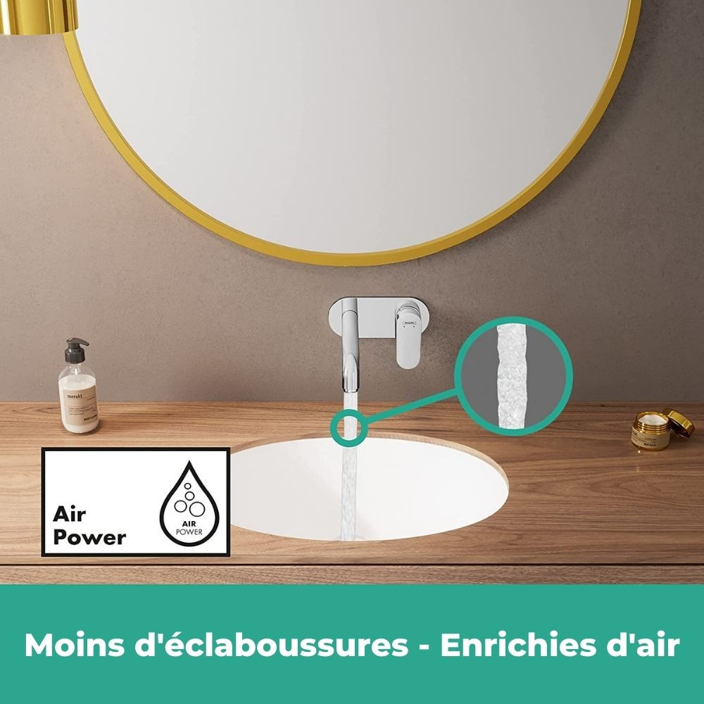 Mitigeur de lavabo encastré mural, bec 207 mm, bonde à écoulement libre noir mat  