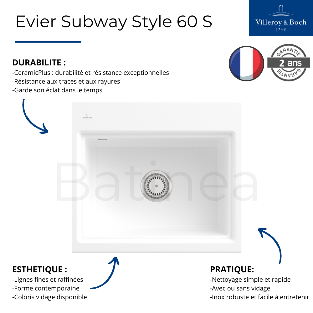 Evier VILLEROY ET BOCH Subway Style 60 S Almond CeramicPlus finition aluminum brossé 336601AM | Batinea